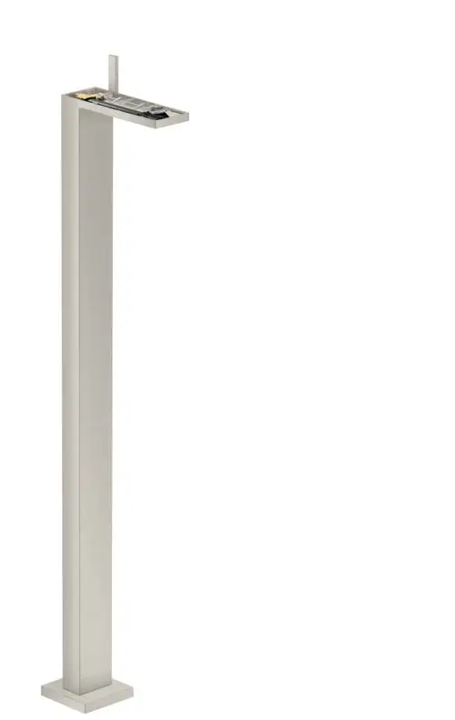 Bodenstehender Waschtischmischer aus Edelstahl Optik von AXOR mit Push-Open Ablaufgarnitur, ohne Platte, in geradlinigem Design.